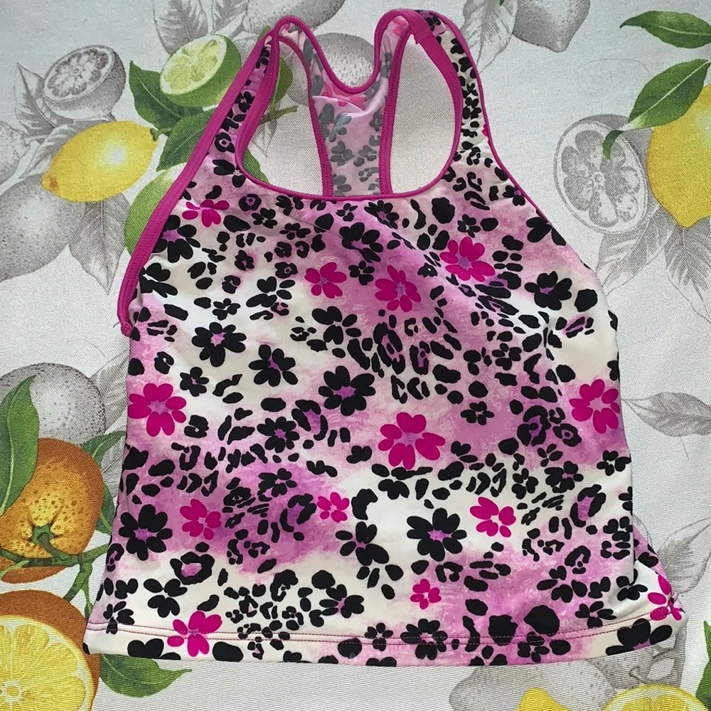 Speedo tankini top pink and black floral leopard sz Y10 EUC